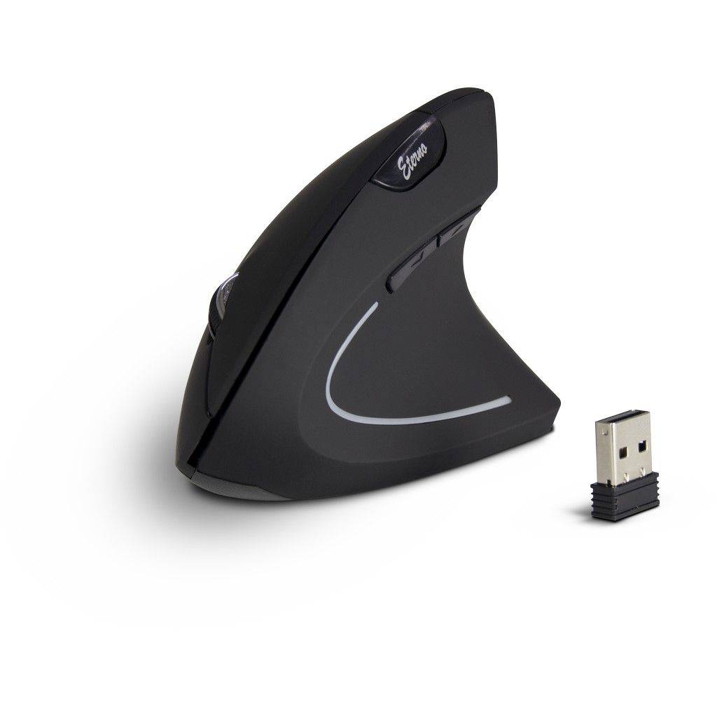 Schwarze ergonomische vertikale kabellose Maus mit USB-Empfänger daneben auf weißem Hintergrund.