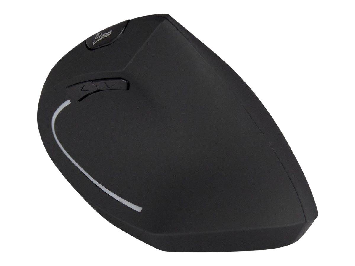 Schwarze ergonomische vertikale Computermaus mit Seitentasten und einer geschwungenen grauen Akzentlinie auf weißem Hintergrund