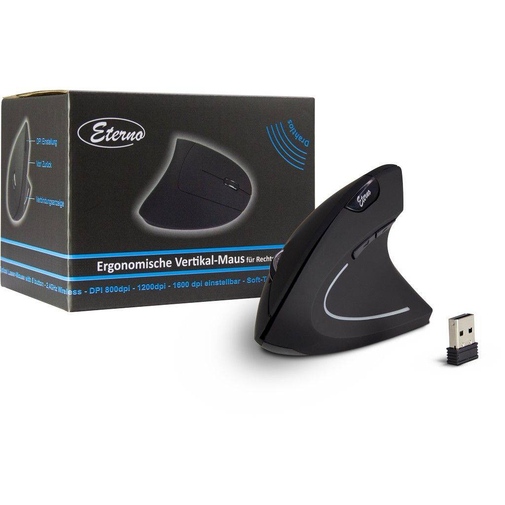 Produktfoto einer ergonomischen Eterno-Vertikalmaus mit kabellosen Funktionen, USB-Empfänger und Verpackung im Einzelhandel, gekennzeichnet für Rechtshänder mit verstellbarem DPI.