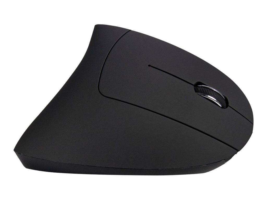 Schwarze ergonomische kabellose Computermaus in der Seitenansicht auf weißem Hintergrund.