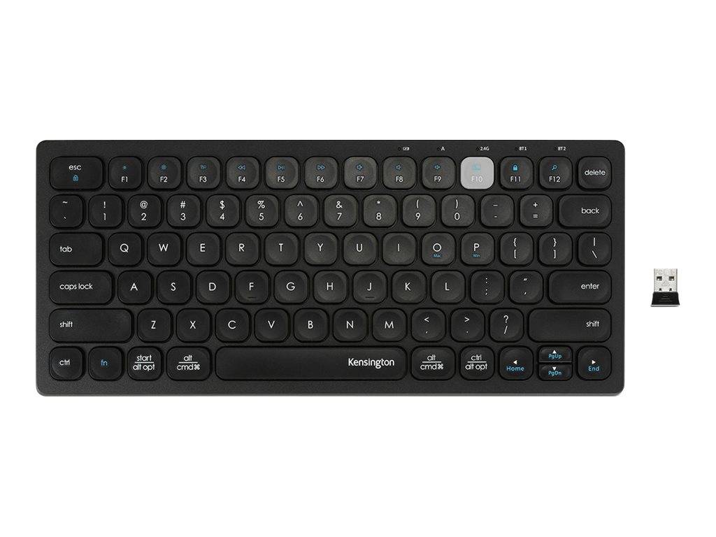 Kompakte schwarze kabellose Kensington-Tastatur mit USB-Empfänger auf der rechten Seite, ausgestattet mit flachen Tasten und Mac-ähnlichen Tastenkombinationen.