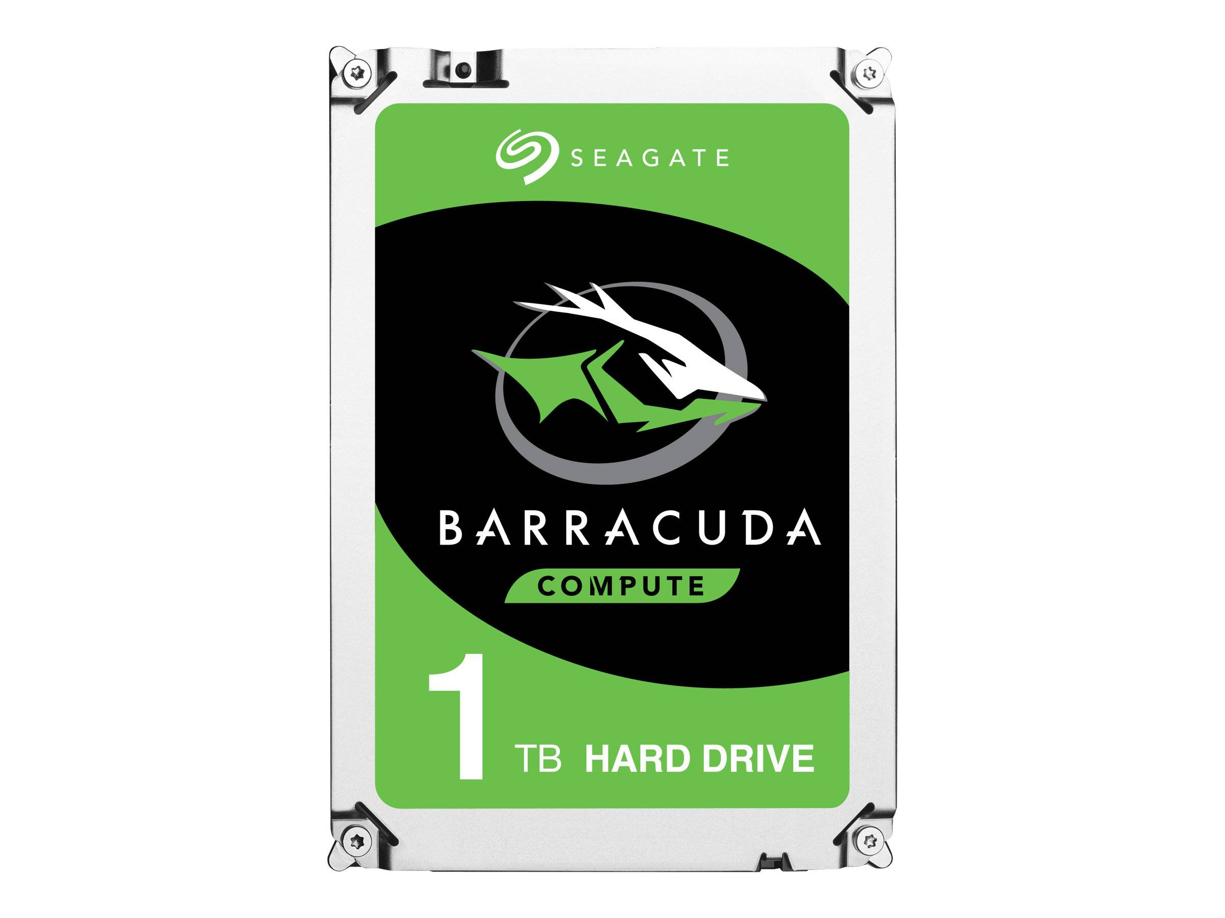 Seagate Barracuda Compute 1 TB Festplatte Produktbild, frontal dargestellt mit grünem und schwarzem Etikett.