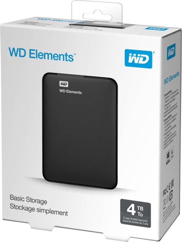 WD Elements' externe Festplatte, eine schwarze Festplatte mit 4 TB Speicherkapazität, hervorgehoben auf weißem Hintergrund.