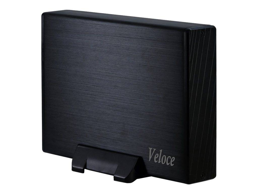 Schwarzes externes Festplattengehäuse auf einem kleinen Ständer, mit dem Label „Veloce