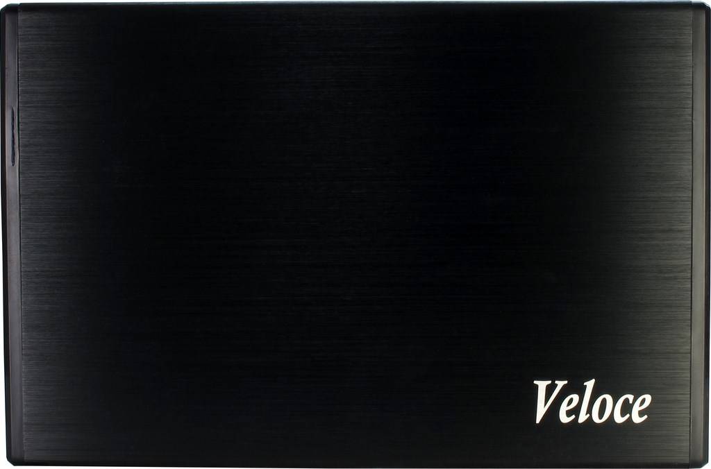Schwarzer Laptop-Deckel mit dem Markennamen „Veloce