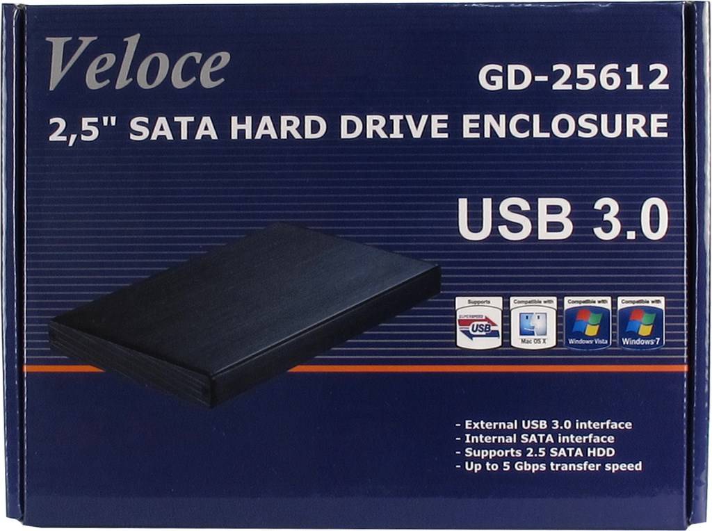 Veloce GD-25612 2,5-Zoll-SATA-Festplattenlaufwerk-Gehäuse, gekennzeichnet mit USB 3.0 und bis zu 5 Gbps Übertragungsgeschwindigkeit.