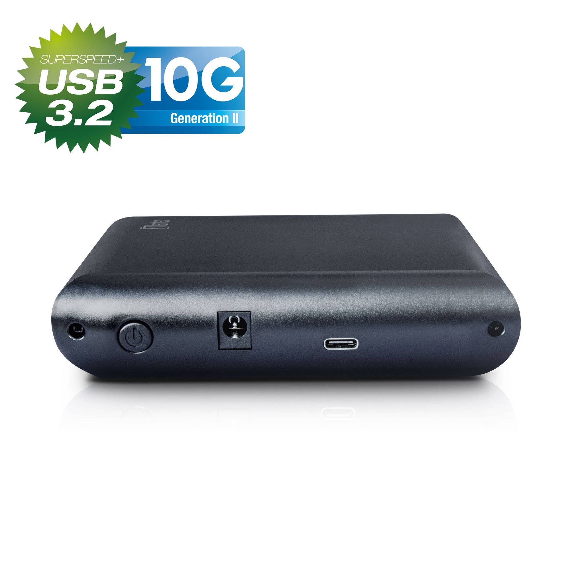 Schwarzes externes Laufwerk-Gehäuse in Frontansicht, beschriftet mit „SuperSpeed USB 3.2 10G Generation II
