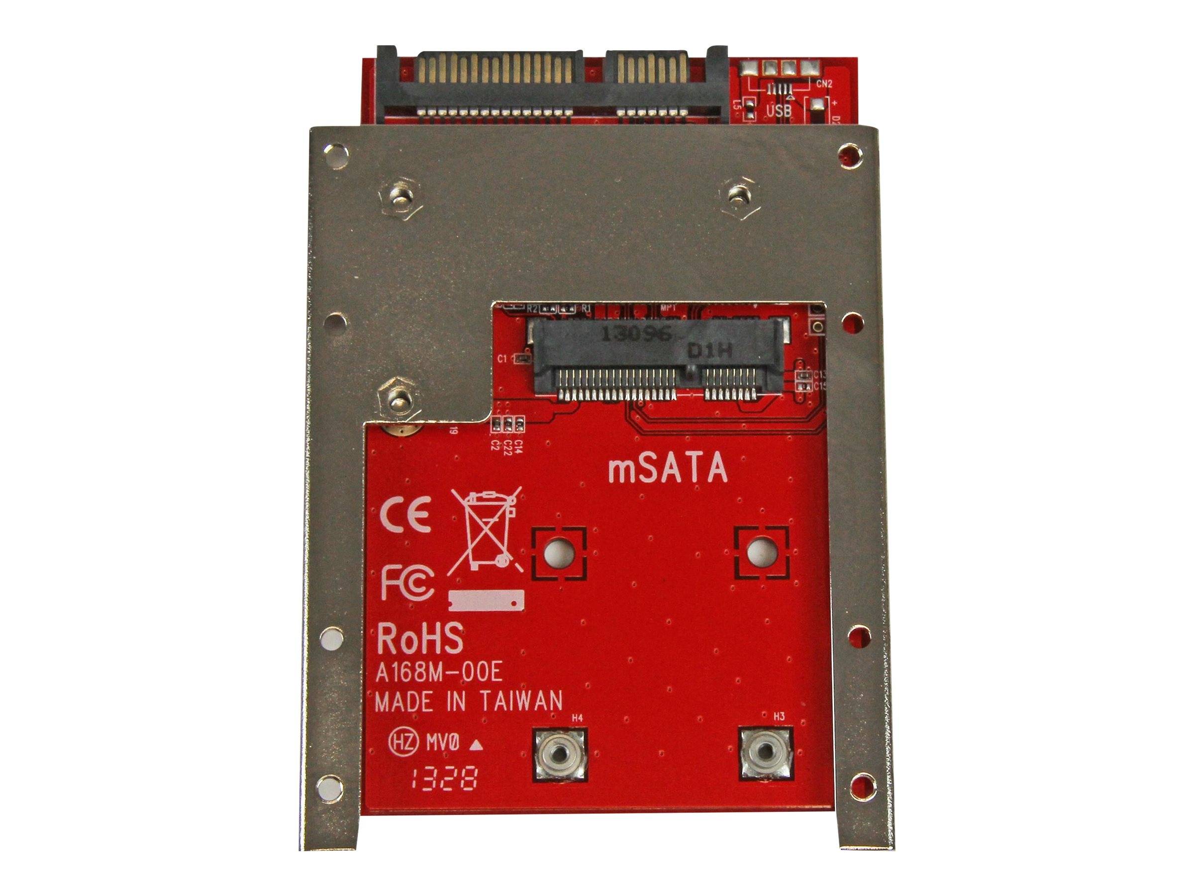 Roter mSATA-SSD-Adapterkarte in einer Metallmontageklammer, mit sichtbarem Anschluss oben und „mSATA" auf der Platine gedruckt.