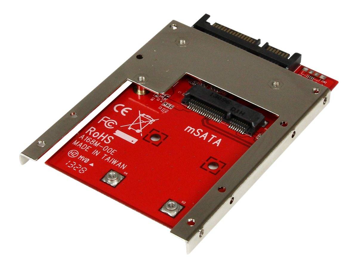 mSATA-SSD-Laufwerk montiert in einer Metall-2,5-Zoll-Adapterbracke auf weißem Hintergrund