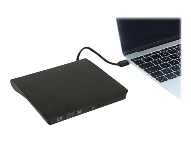Externes optisches Laufwerk, das über ein USB-Kabel mit einem Laptop-Computer auf weißem Hintergrund verbunden ist.