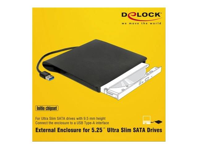 Werbebild eines Delock-Außengehäuses für 5,25-Zoll-Ultra-Slim-SATA-Laufwerke, das ein schwarzes USB-zu-SATA-Gehäuse und Text über eine Höhe von 9,5 mm und USB-Typ-A-Verbindung zeigt.