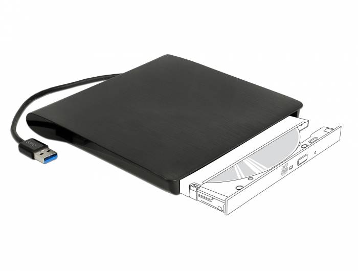 Externes USB-Optikaufzeichnungslaufwerk mit schwarzer Abdeckung und ausziehbarem Tablett, gezeigt mit angeschlossenem USB-Kabel.