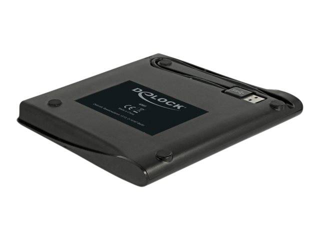 Schwarze rechteckige Polaroid-ähnliche Sofortbildkamera-Rückseite mit kleinem Display-Bildschirm, Bedienelementen und Kabel oben