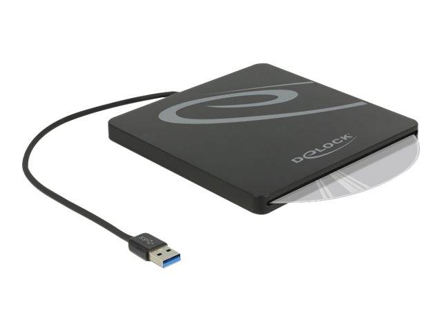 Tragbares externes CD-/DVD-Laufwerk mit USB-Kabel und Anschluss, dargestellt auf weißem Hintergrund.