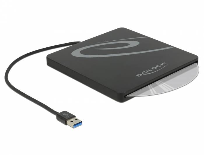 Schwarzes DeLock externes schlankes Optische-Disc-Laufwerk mit angeschlossenem USB-Kabel und Stecker auf weißem Hintergrund.