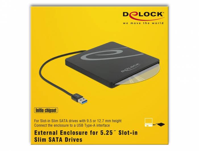 DeLOCK-Produktverpackung mit einem externen Gehäuse für 5,25-Zoll-Slot-in-Slim-SATA-Laufwerke, USB-Typ-A-Kabel und gelber Verpackung.