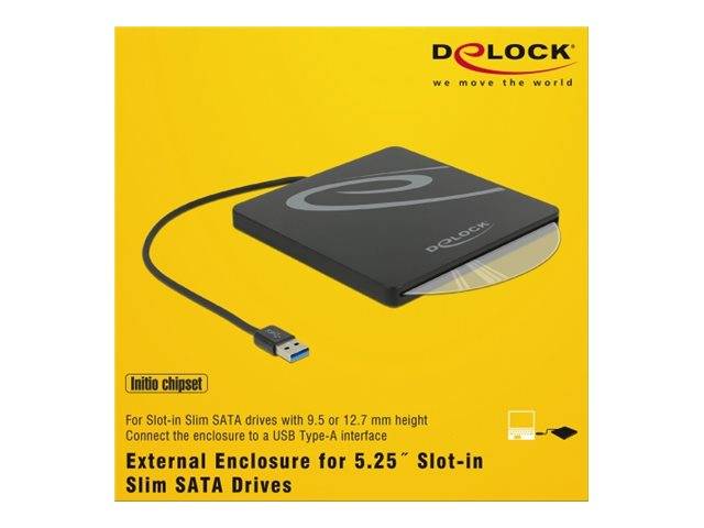 Produktverpackung für ein Delock externes Gehäuse für 5,25-Zoll-Einschub-Slim-SATA-Laufwerke, das auf gelbem Hintergrund ein schwarzes USB-verbundenes Laufwerksgehäuse zeigt.