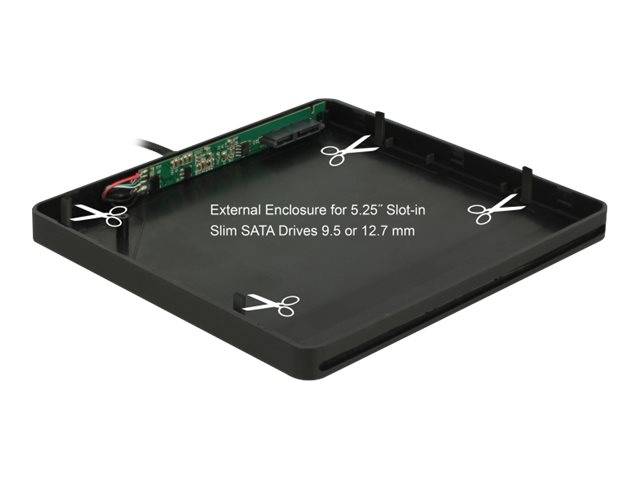 Offenes schwarzes externes Gehäuse für 5,25-Zoll-Einschub-Slim-SATA-Laufwerke, gekennzeichnet mit „External Enclosure for 5.25