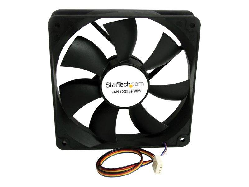 Schwarzer StarTech.com 120-mm-Computerkühler mit angeschlossenem Stromkabel und Stecker, gezeigt auf weißem Hintergrund.