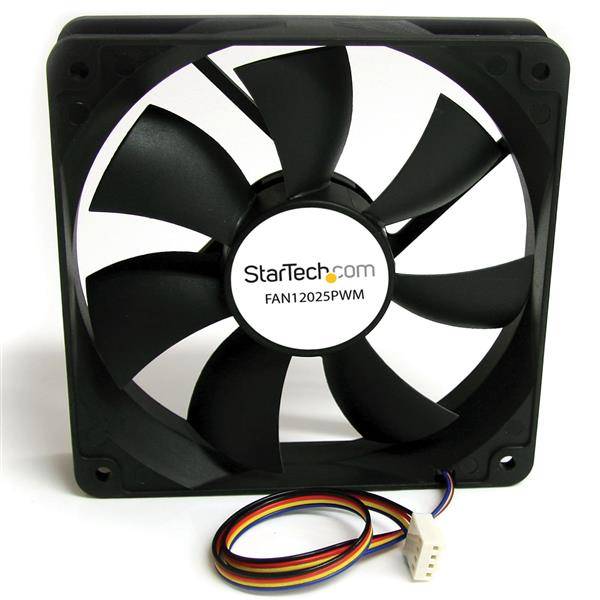 Ein schwarzer StarTech.com FAN12025PWM Computer-Kühlventilator mit angeschlossenem mehrfarbigem Stromkabel und Stecker, dargestellt in Vorderansicht auf weißem Hintergrund.