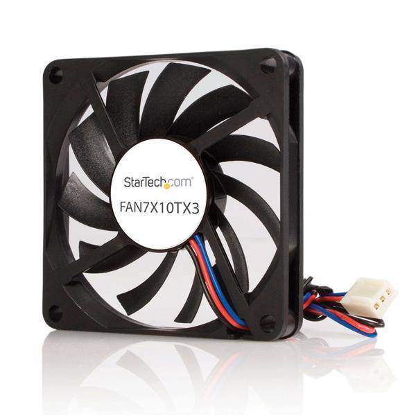 Schwarzer Computer-Kühlventilator mit StarTech.com-Etikett und angebrachtem Stromanschluss.