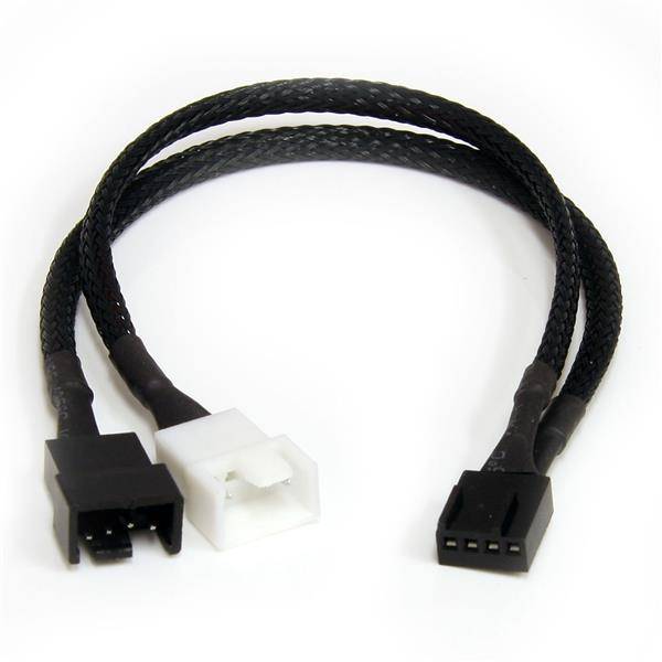 Drei kurze schwarze geflochtene Adapterkabel mit verschiedenen Steckverbindungen: ein schwarzer Stecker, ein weißer Stecker und ein schwarzer 4-poliger Stecker, dargestellt auf weißem Hintergrund.