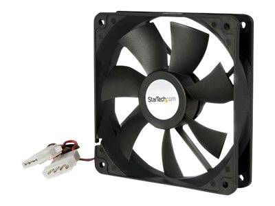 Ein schwarzer StarTech.com-Computerlüfter mit quadratischem Rahmen und angeschlossenem Stromstecker auf weißem Hintergrund.