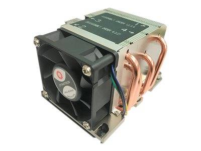 Ein kompaktes elektronisches Kühlmodul mit einem schwarzen Lüfter an einem Ende und Kupferwärmerohr an der Seite, gezeigt auf weißem Hintergrund.