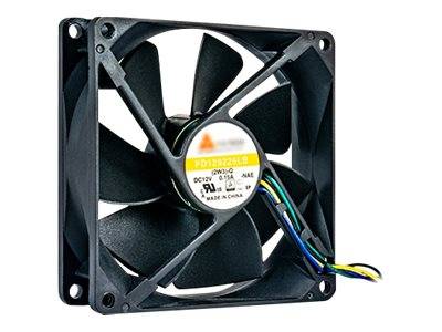 Schwarzer Kühlventilator im Quadratformat mit angebrachten mehrfarbigen Stromkabeln und Befestigungslöchern.