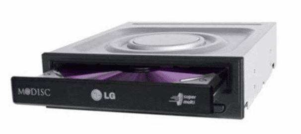 Vorderansicht eines LG MODISC Super Multi Laufwerks für optische Discs mit offener Schublade, die eine Disc im Inneren zeigt.