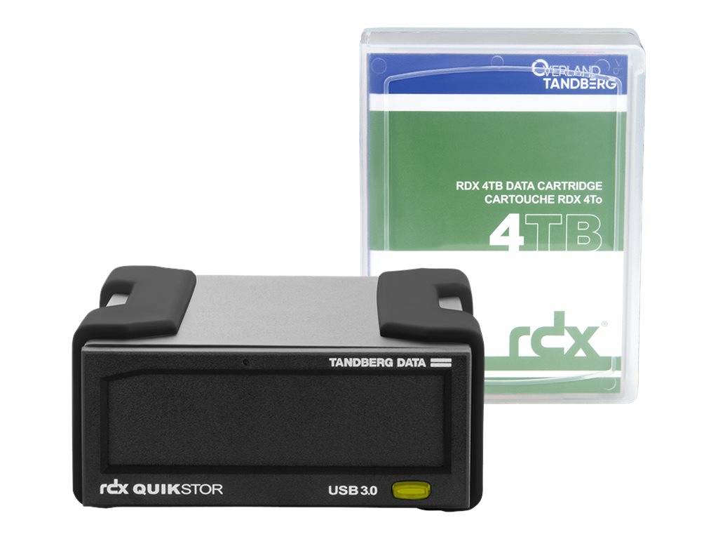 Tandberg RDX QuikStor USB 3.0-Laufwerk mit einer RDX-4TB-Datenkassette dahinter dargestellt.