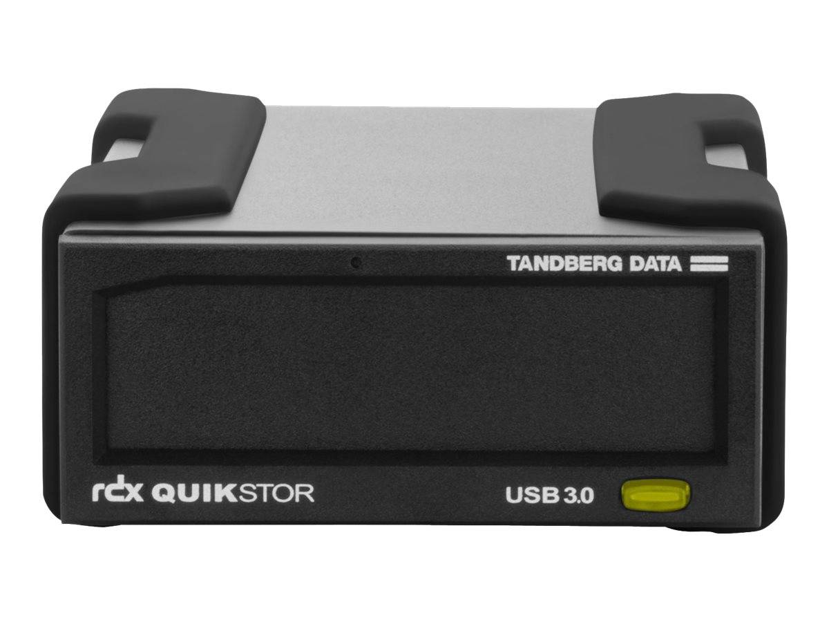 Vorderansicht eines Tandberg Data RDX QuikStor USB 3.0 Wechselspeichers in einem schwarz-silbernen Gehäuse.