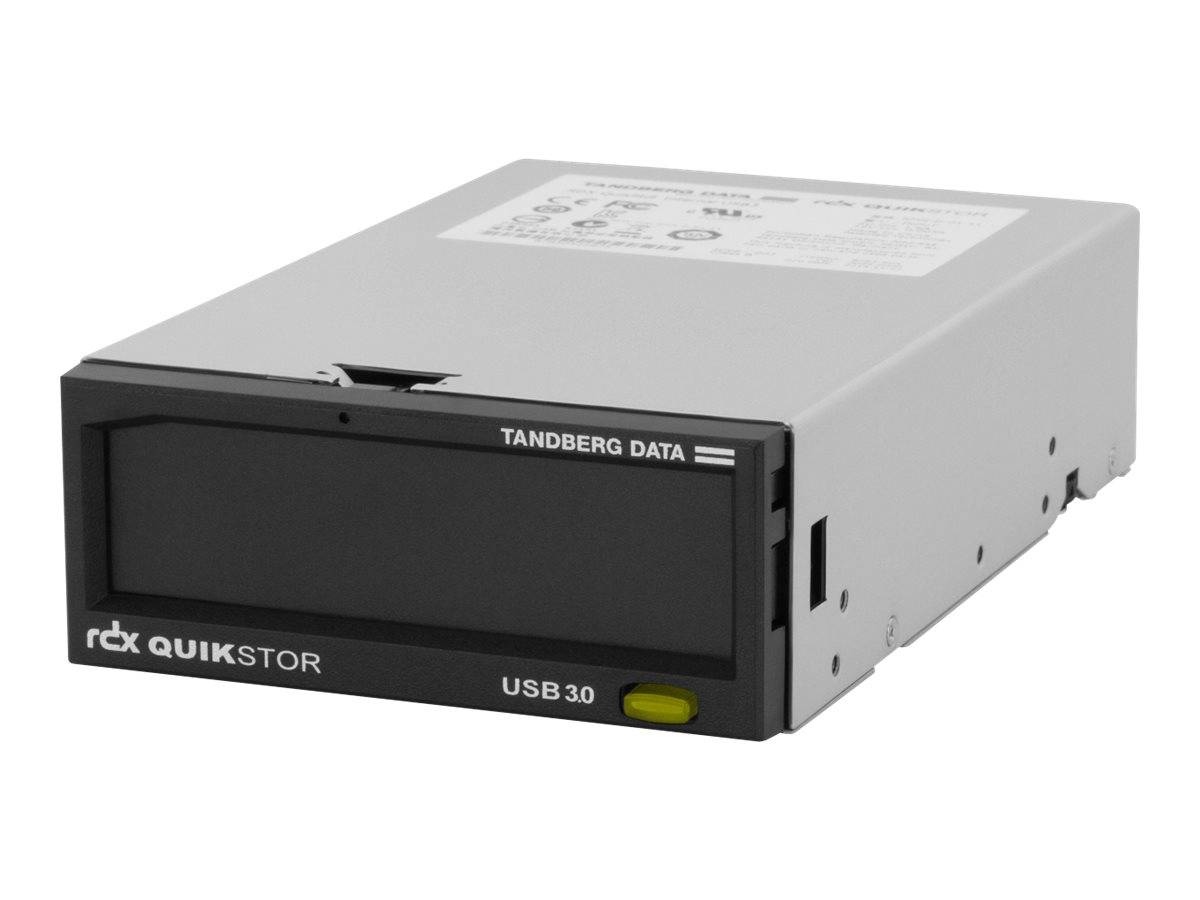 Ein Tandberg Data QuikStor USB 3.0-Laufwerk, rechteckig mit schwarzer Vorderseite und silbernem Gehäuse, entwickelt für Datenspeicherung und Sicherung.