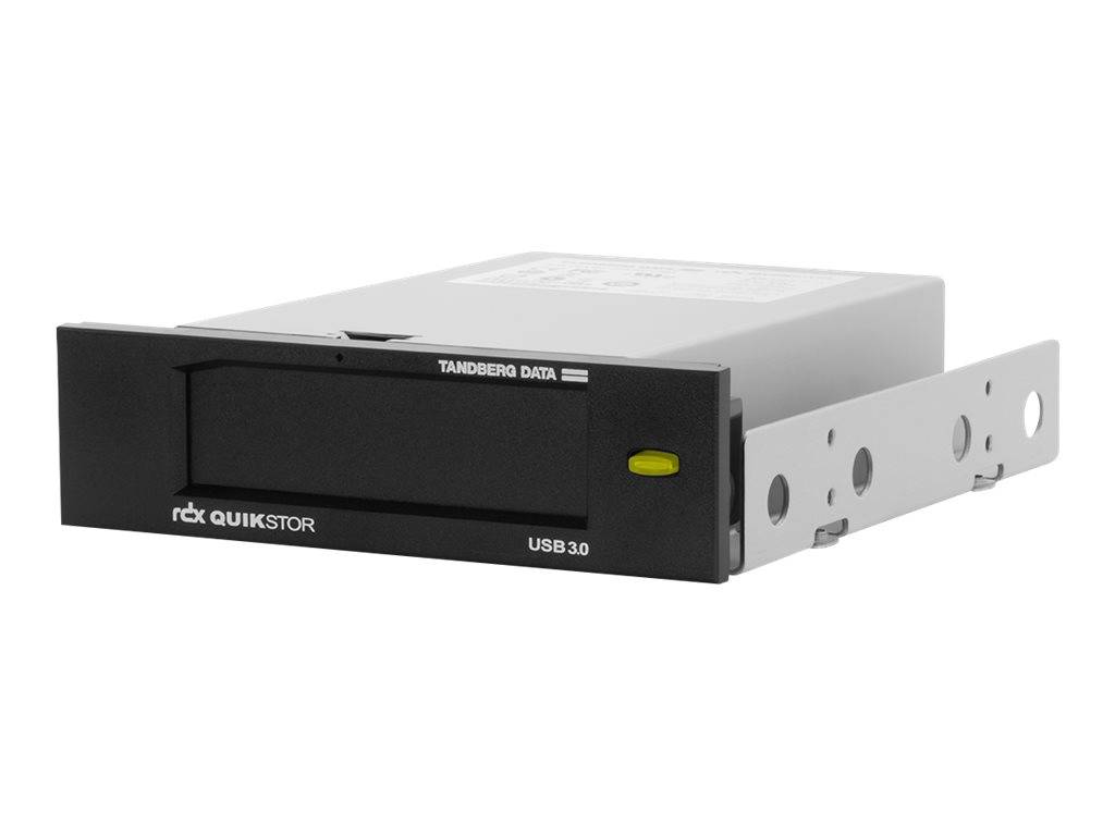 Vorderansicht eines Tandberg Data RDX QuikStor USB 3.0 Wechsellaufwerks in einem Metallgehäuse, dargestellt vor weißem Hintergrund.