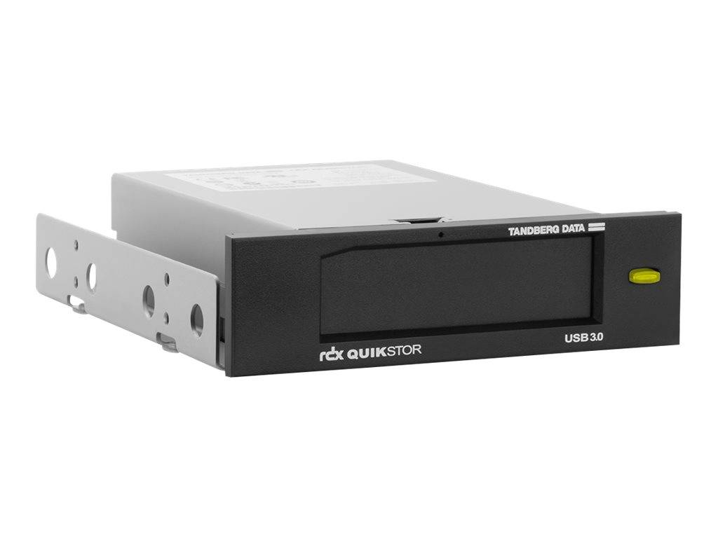 Frontansicht eines Tandberg Data RDX QuikStor USB 3.0 Wechselfestplattenlaufwerks in einer Metallschachthalterung.