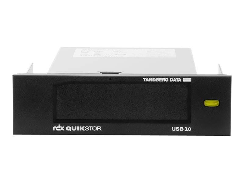 Vorderansicht einer TANDBERG DATA RDX QuikStor USB 3.0 externen Laufwerk-Docking-Station mit schwarzer Frontplatte und gelbem Freigabeknopf.
