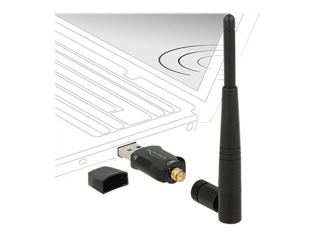 USB-WLAN-Adapter mit abnehmbarer schwarzer Antenne und kleiner Kappe, gezeigt auf weißem Hintergrund mit schwacher Laptop-Silhouette.