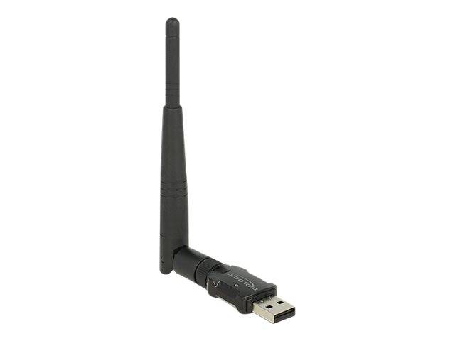 Schwarzer USB-Wi-Fi-Adapter mit einer hohen externen Antenne auf weißem Hintergrund.
