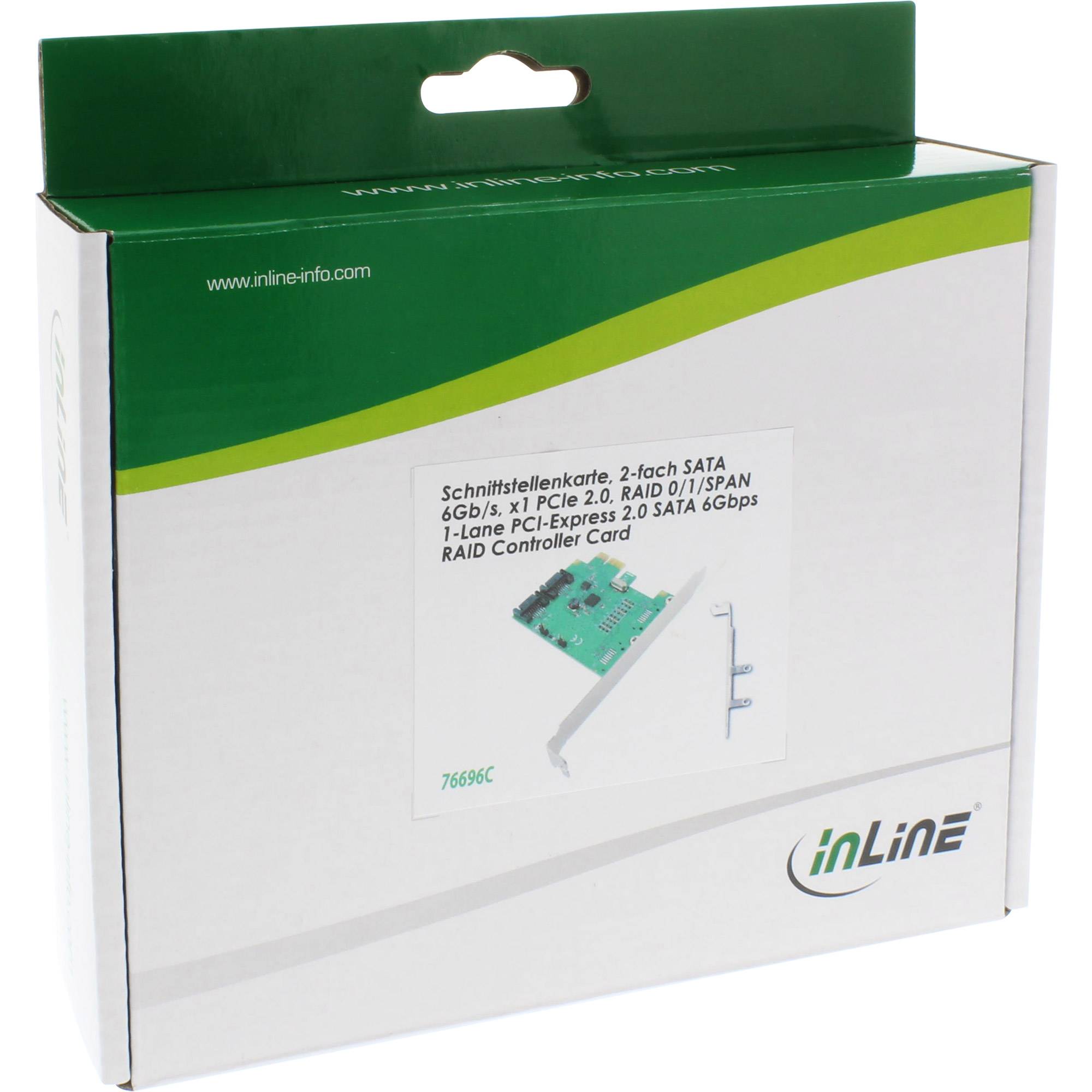 Einzelhandelsverpackung für eine InLine PCI Express SATA RAID-Controllerkarte, weiße und grüne Verpackung mit Produktabbildung und Modelltext.