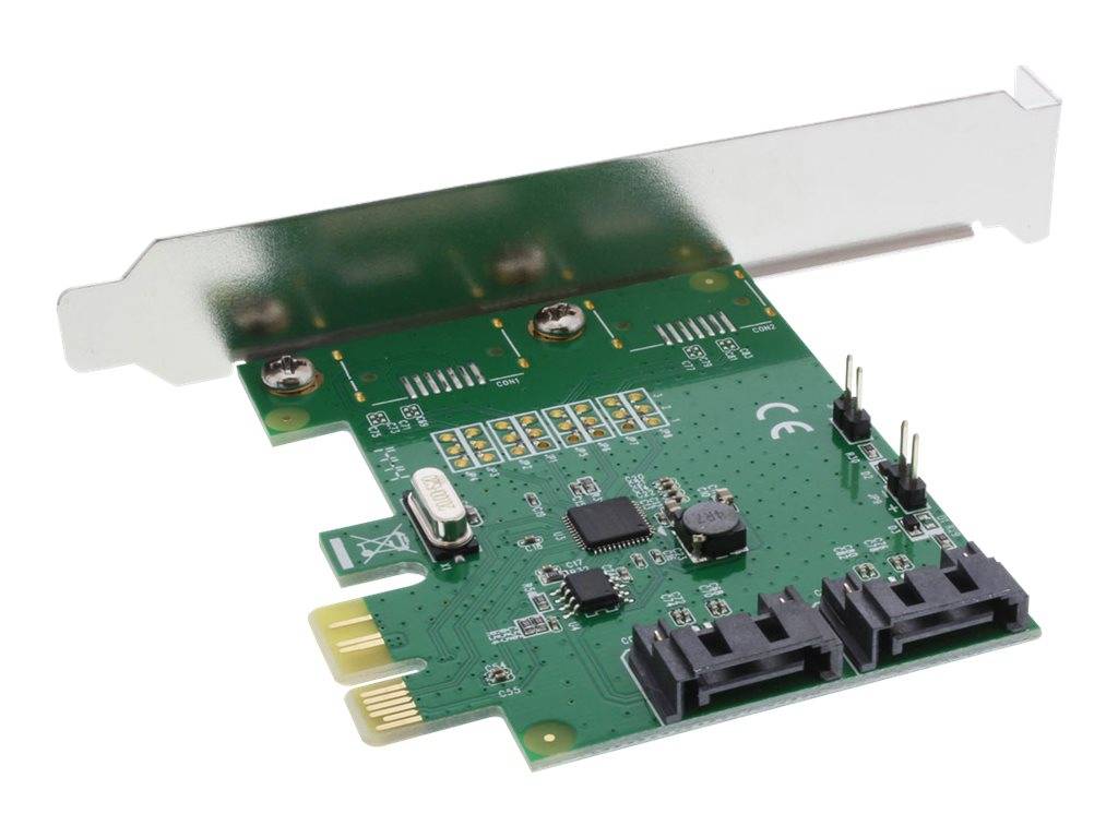 Computererweiterungskarte mit Metallhalterung, PCIe-Kantenverbinder und zwei schwarzen Anschlüssen auf einer grünen Leiterplatte.