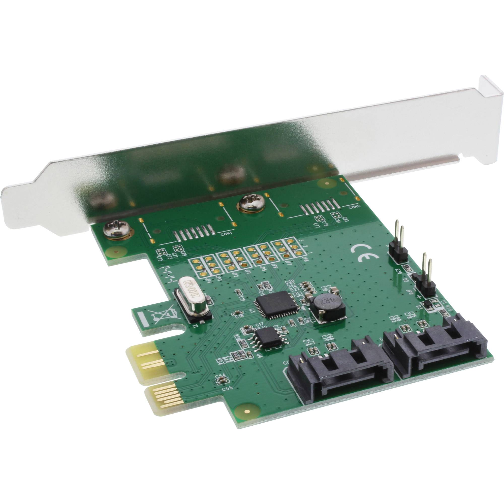 PCIe-Erweiterungskarte mit grüner Leiterplatte, Metallhalterung und Anschlüssen für die interne Computerinstallation.
