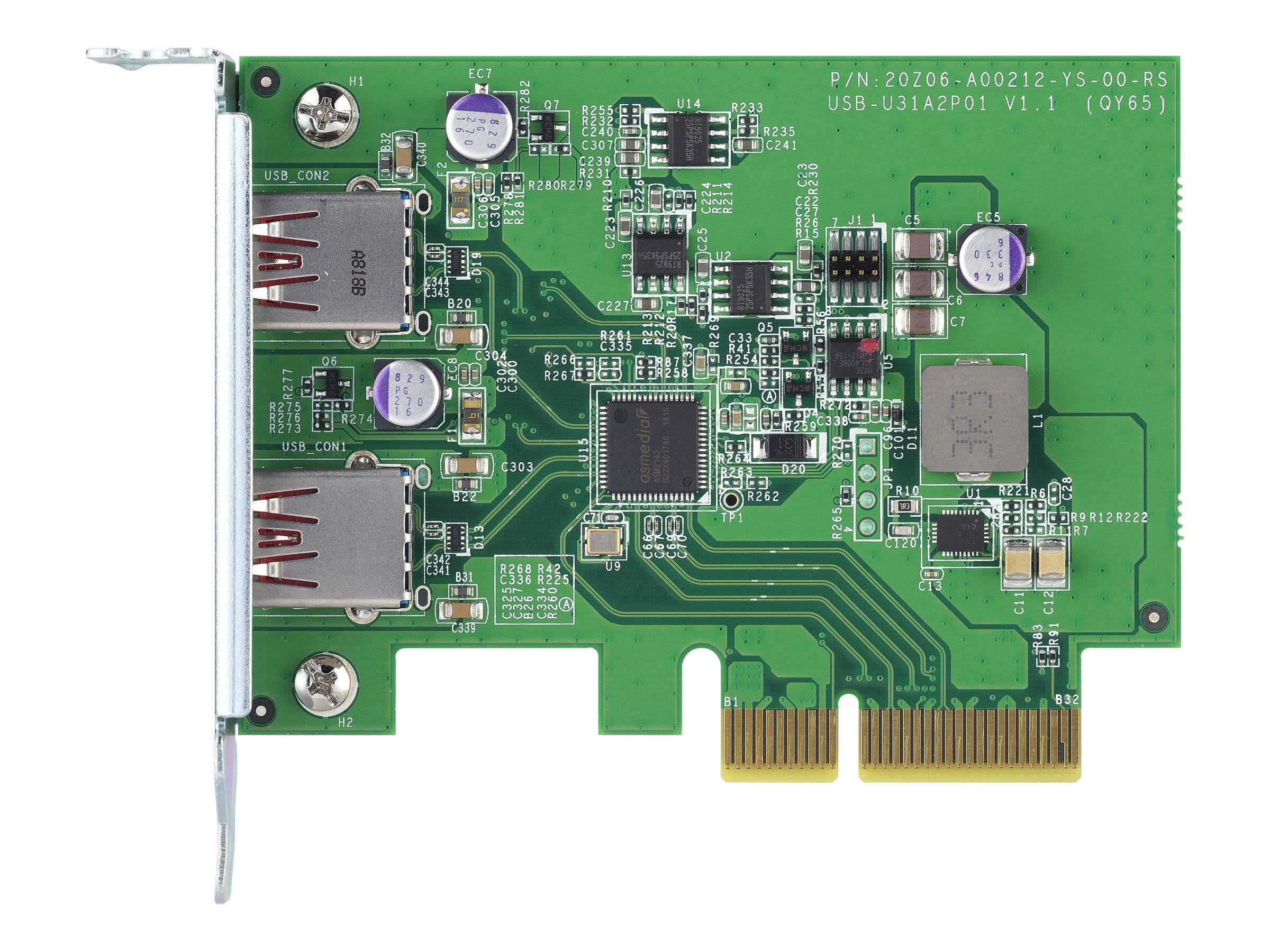 Nahaufnahme einer grünen PCIe-Erweiterungskarte mit zwei USB-Anschlüssen und mehreren Chips, auf weißem Hintergrund dargestellt.