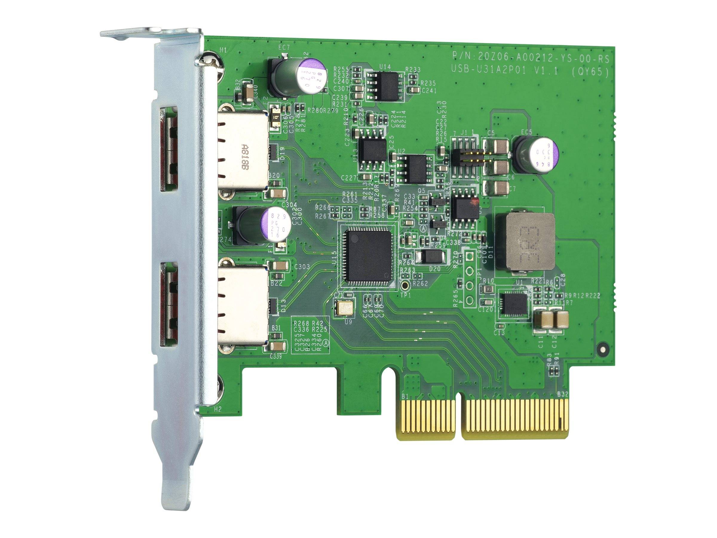 Grüne PCIe-Erweiterungskarte mit zwei externen Anschlüssen und goldenem Kantenverbinder, zeigt die Leiterplattenkomponenten auf weißem Hintergrund.