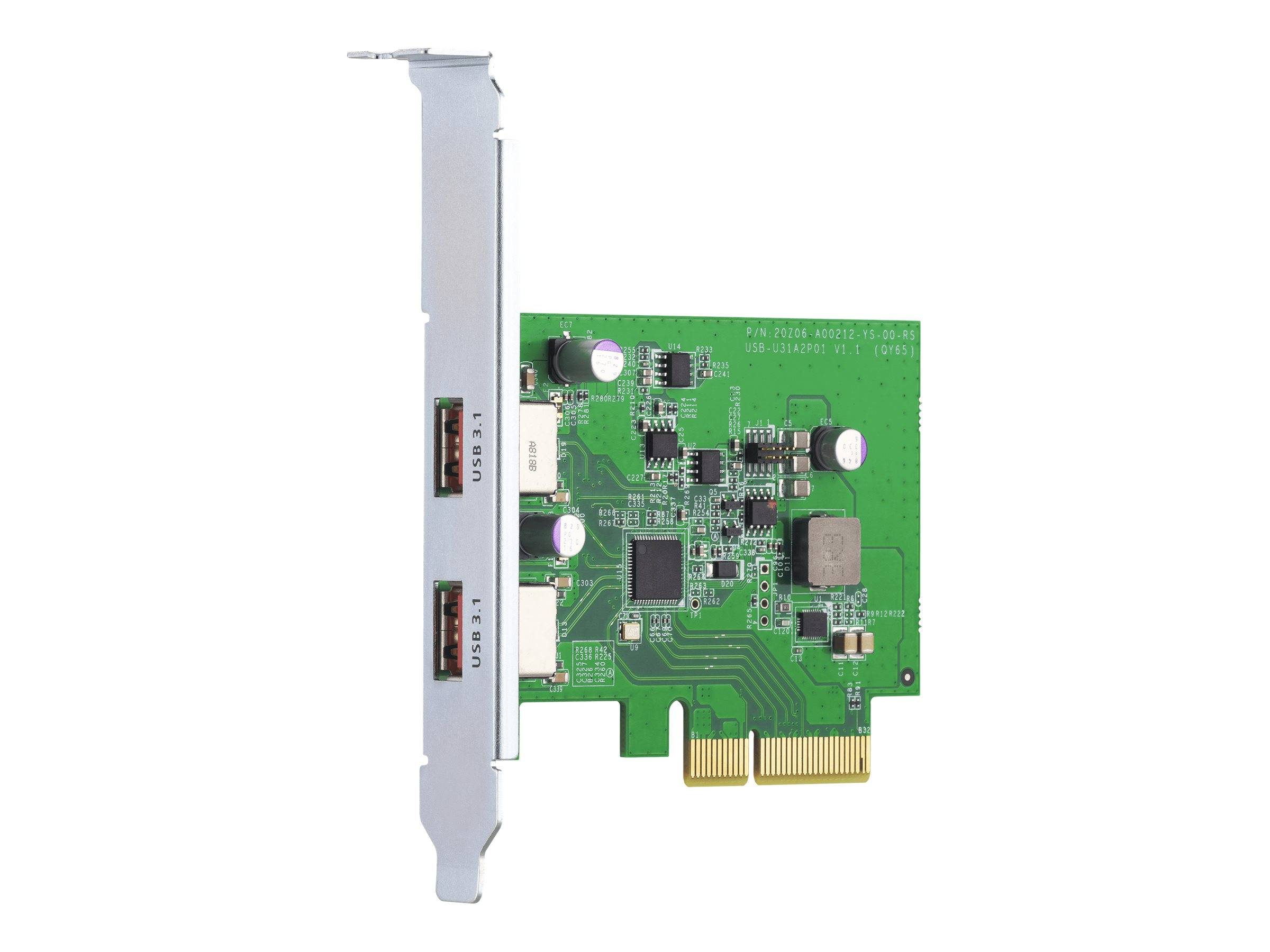 PCIe-Erweiterungskarte mit einer Metallhalterung, zwei externen Anschlüssen und einer grünen Leiterplatte mit Chips und Steckverbindern.