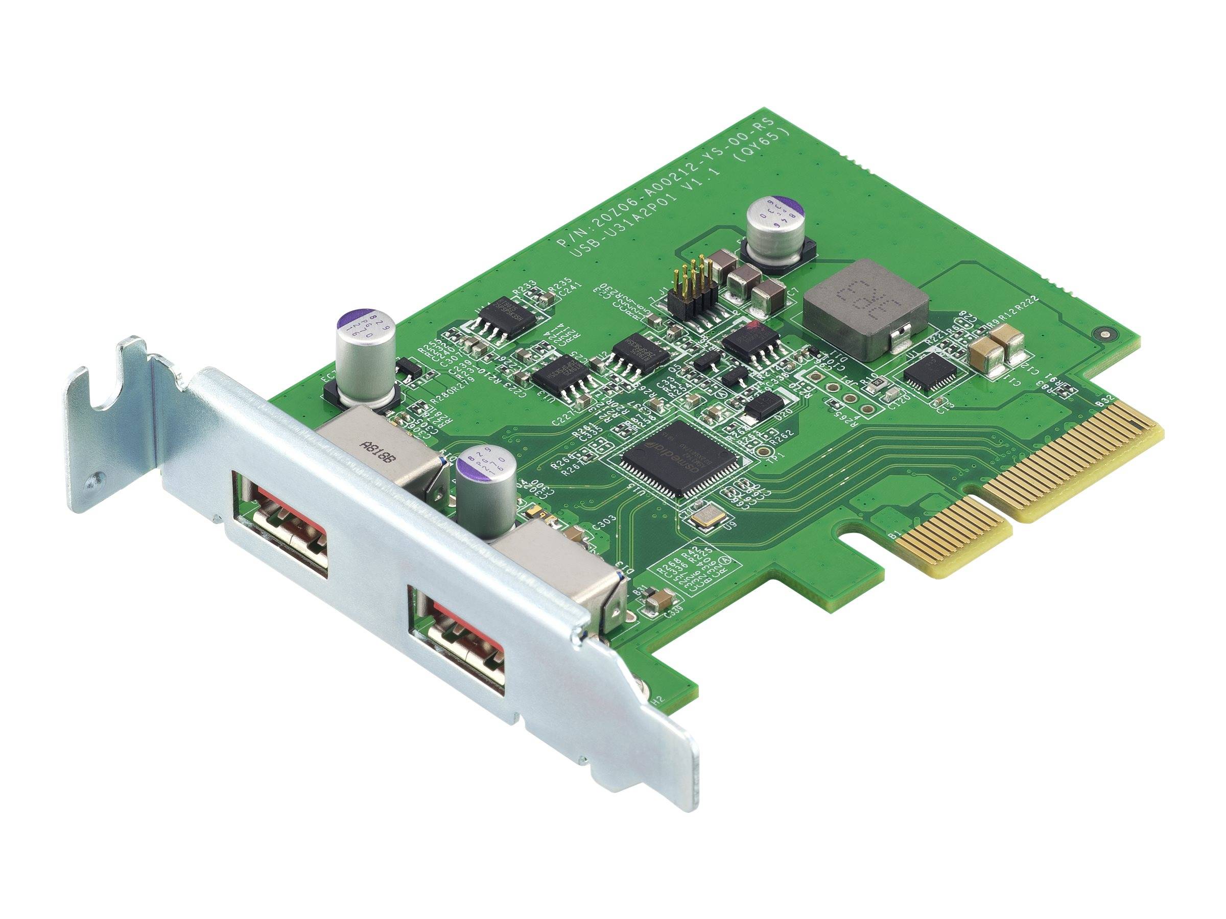 Interne PCIe-Erweiterungskarte mit zwei USB-Anschlüssen auf einer Halterung, isoliert auf weißem Hintergrund dargestellt.