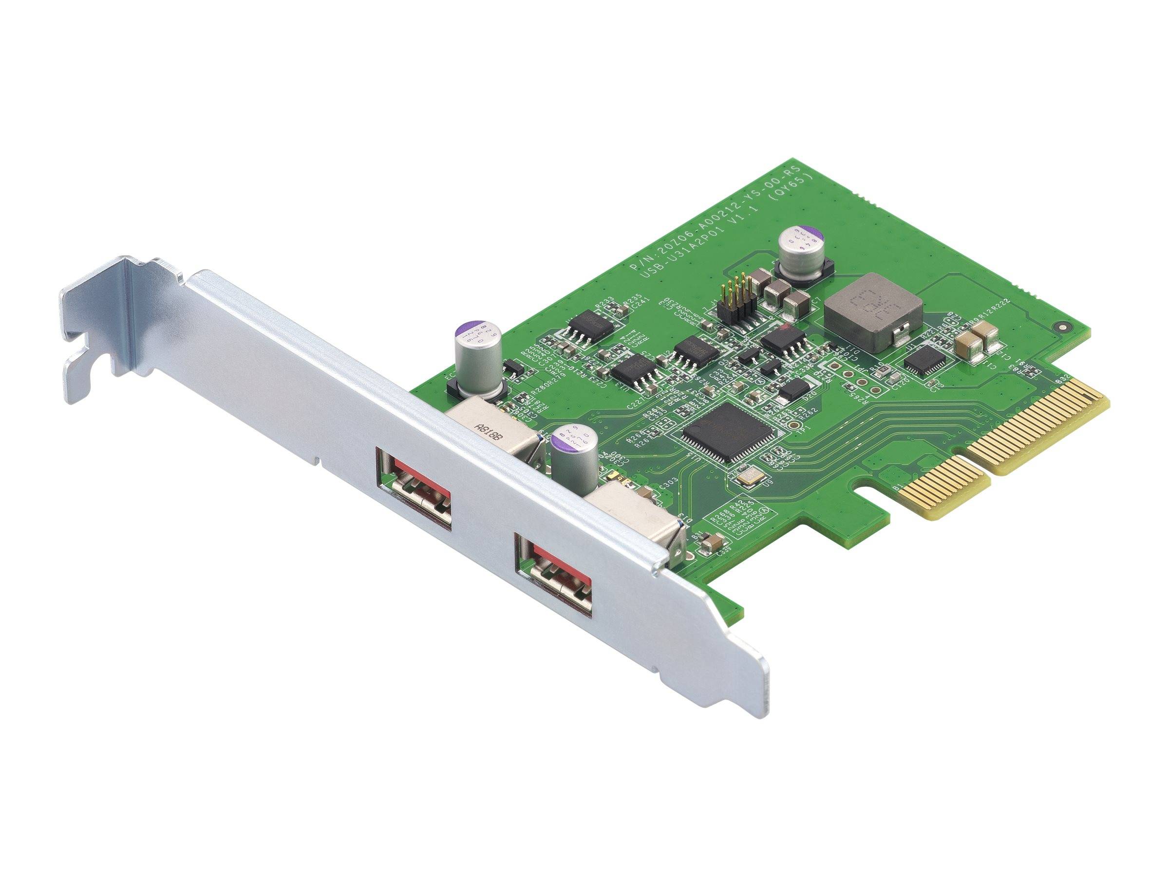 PCIe-Erweiterungskarte mit zwei USB-Anschlüssen auf einer Metallhalterung, isoliert auf weißem Hintergrund dargestellt.