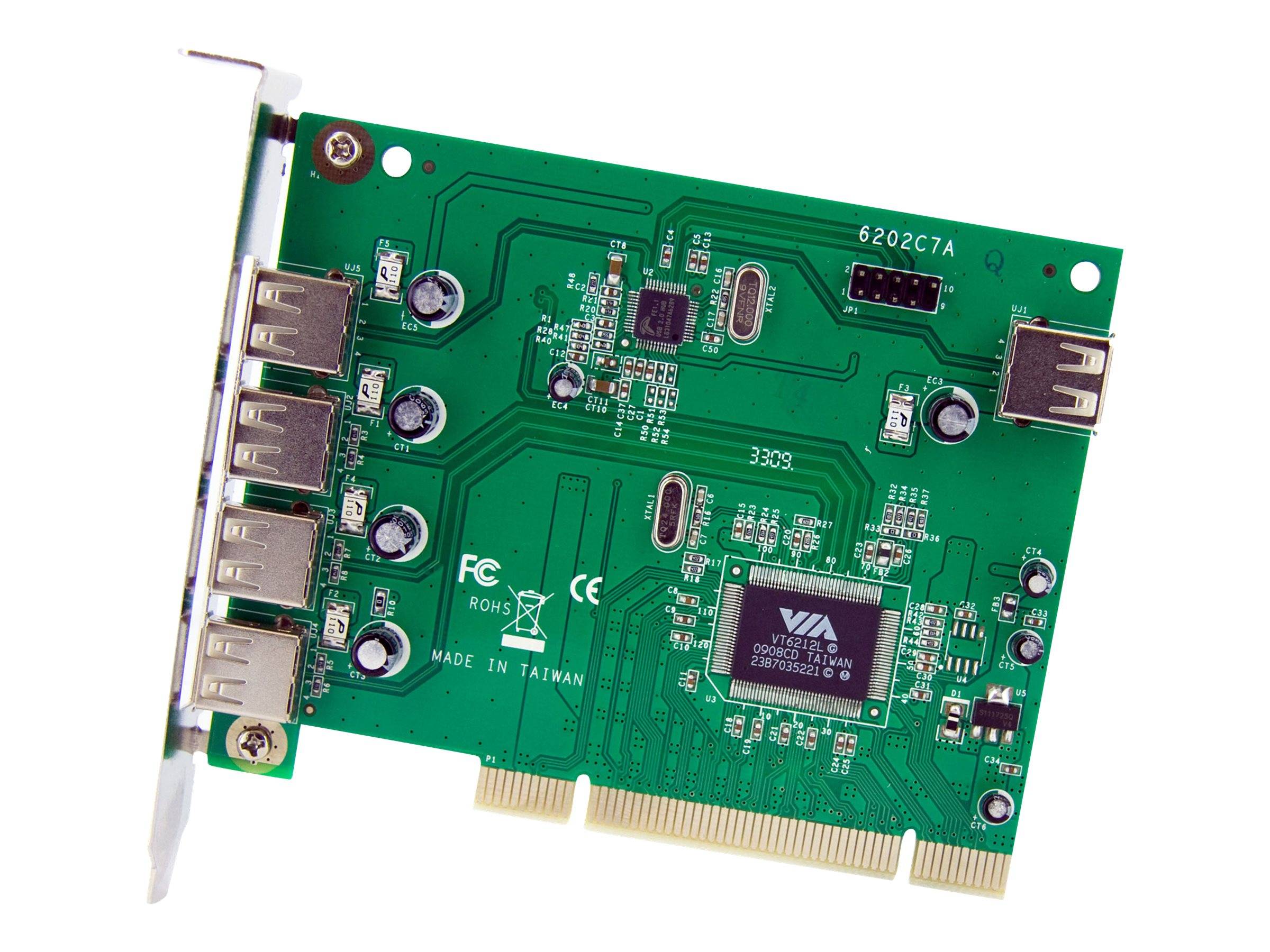 Grüne PCI-Erweiterungskarte mit vier USB-Anschlüssen und einer Netzwerkbuchse, dargestellt auf weißem Hintergrund.