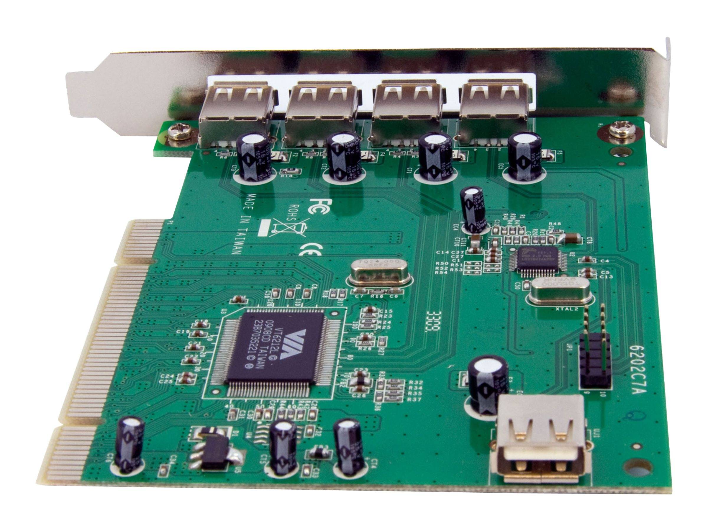 Grüne PCI-Erweiterungskarte mit vier USB-Anschlüssen und einer Metallhalterung, dargestellt in einer Schrägansicht auf weißem Hintergrund.
