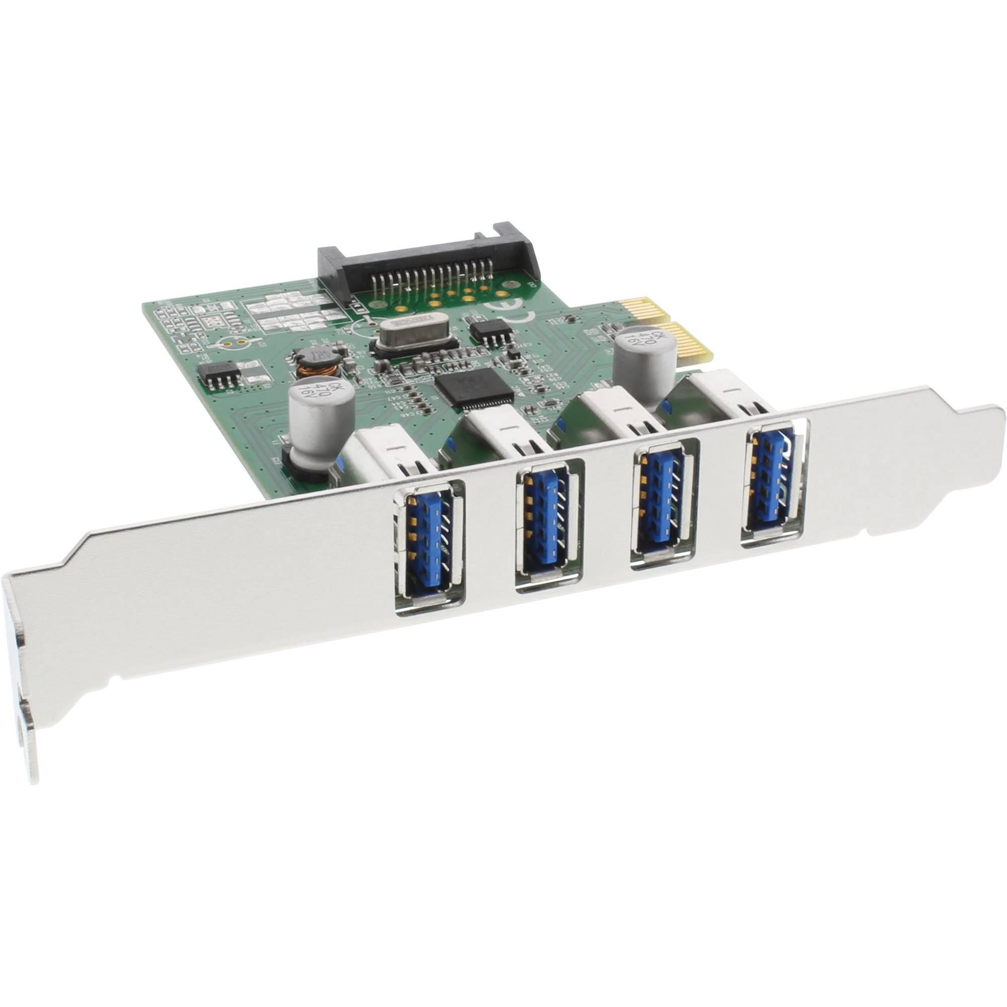 PCIe-Erweiterungskarte mit vier blauen USB 3.0-Anschlüssen auf einer Metallhalterung
