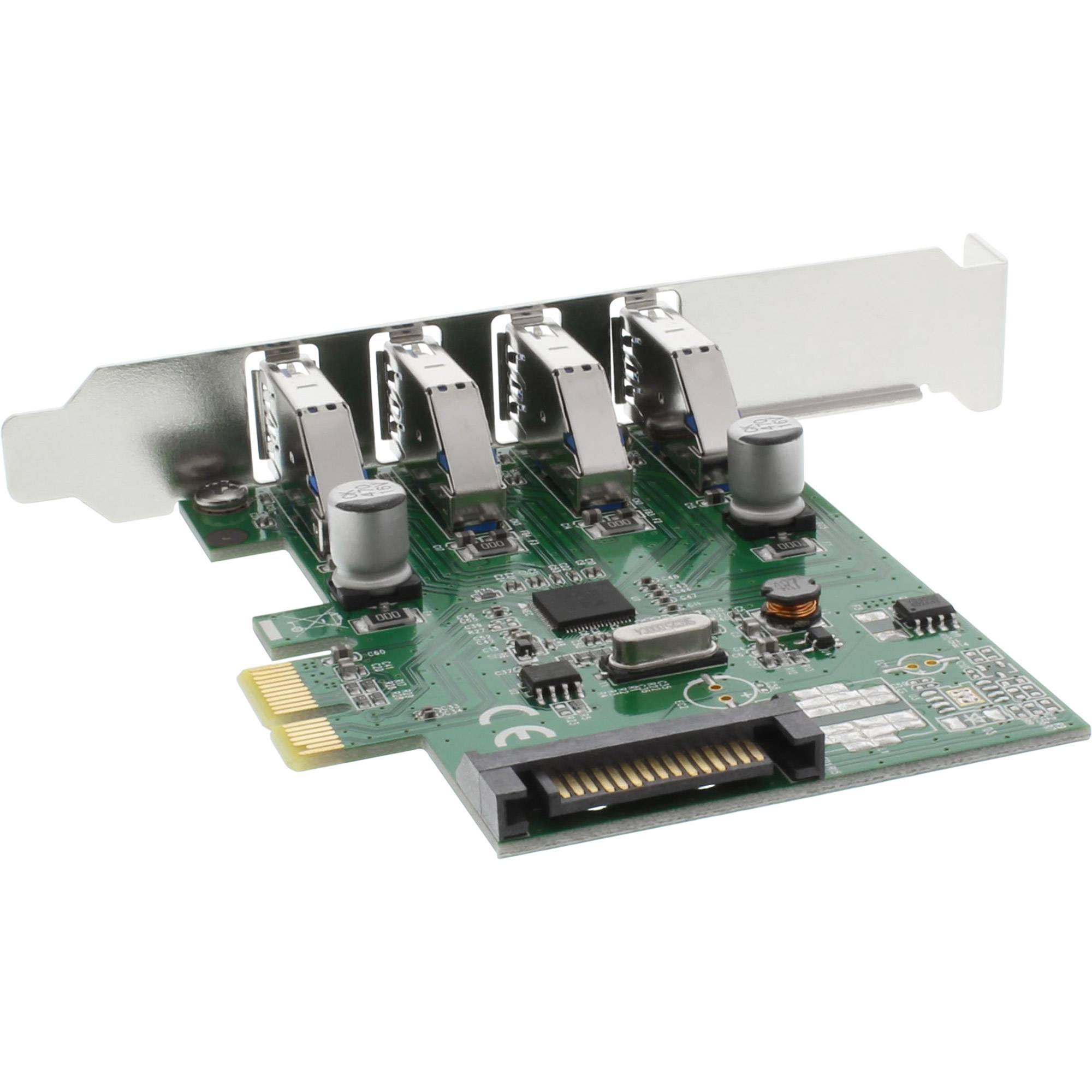 Vierport-Ethernet-Erweiterungskarte mit Metallhalterung und RJ45-Steckern auf einer grünen Leiterplatte.